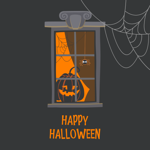 Uitnodiging Halloween party met pompoen in raam met spin in spinnenweb
