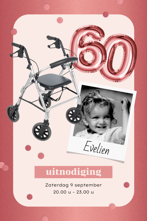 Grappige verjaardagsuitnodiging vrouw 60 jaar met rollator en foto
