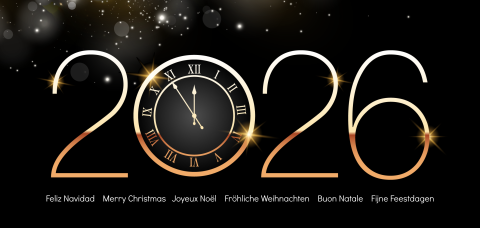Zakelijke kerstkaart met klok, jaartal en internationale talen