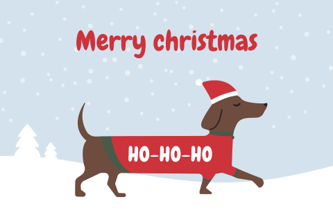 Kerstkaart hond tekkel met kersttrui en kerstmuts