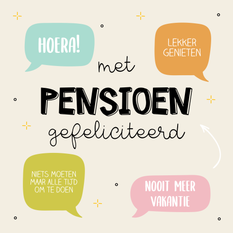 Vrolijke pensioen felicitatiekaart met tekstballonnen