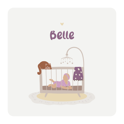 Geboortekaartje met illustratie meisje in ledikant met kat