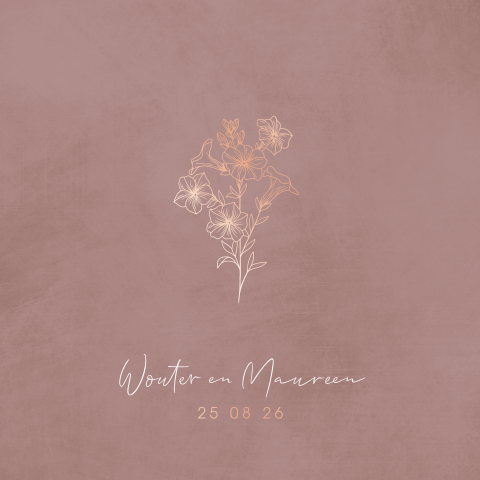 Vintage trouwkaart met rosefolie en getekende bloem