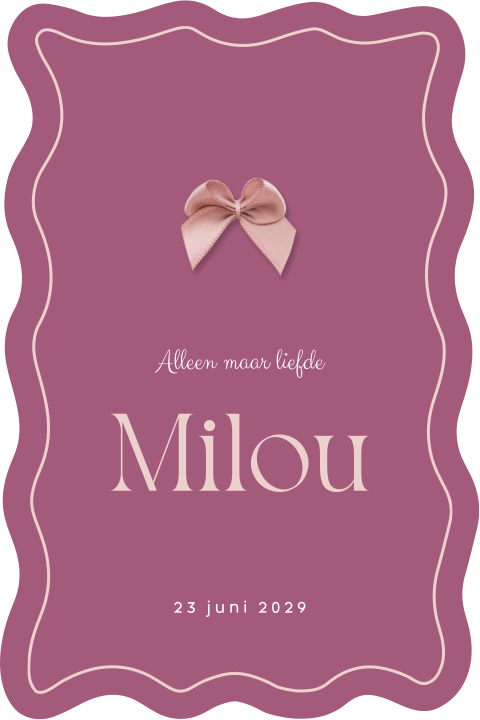 Lief meisje geboortekaartje met echt strikje en golvende vorm