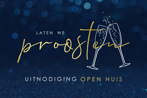 Open huis zakelijke uitnodiging met goudfolie en champagne