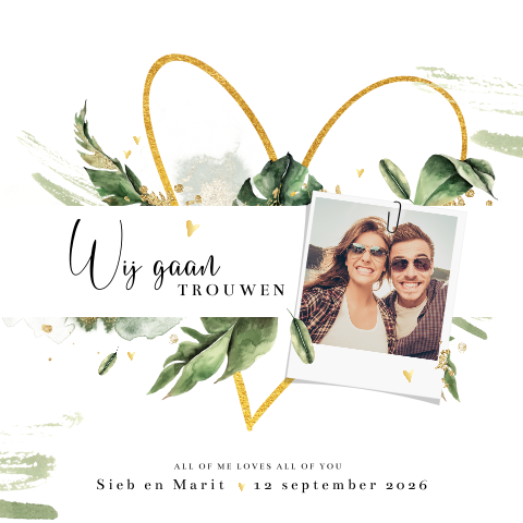 Hippe foto trouwkaart met botanisch blad en gouden hart