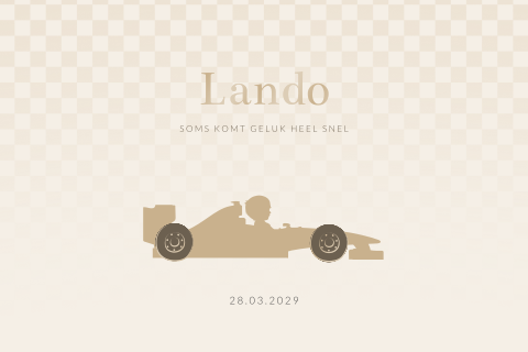 Formule 1 raceauto geboortekaartje voor een jongen met hoogglans