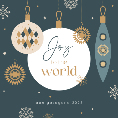 Kerstkaart Joy to the world met kerstballen