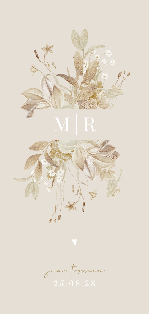 Vintage trouwkaart met bloemen en initialen