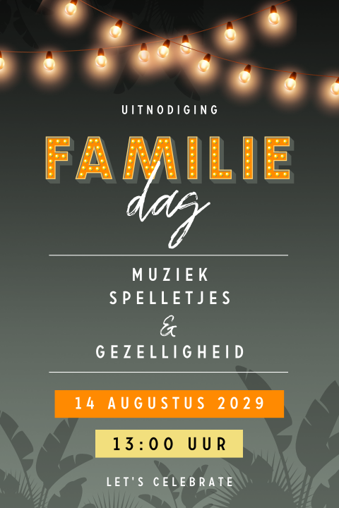 Familiedag uitnodiging typografisch met bladeren en lampenslinger