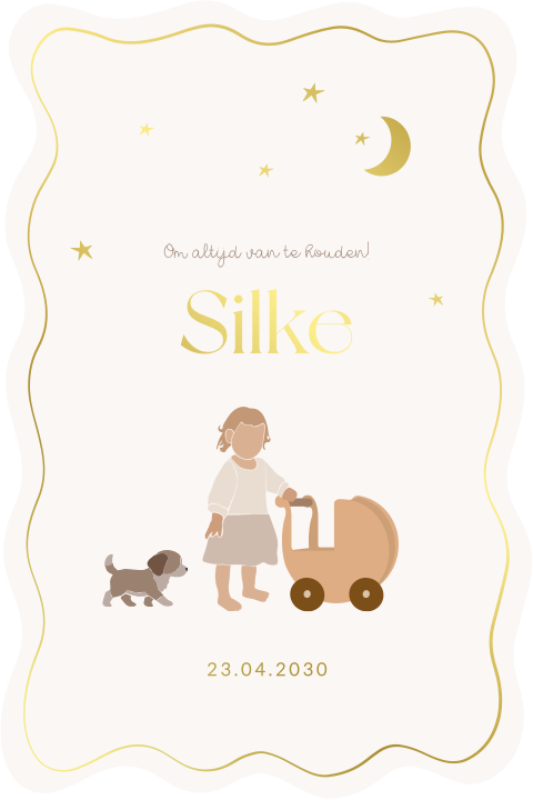 Luxe en uniek geboortekaartje meisje met illustratie kindje met hond