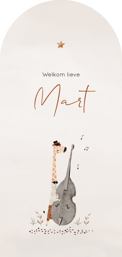 Uniek boogvormig geboortekaartje voor een jongen met giraf en muziek