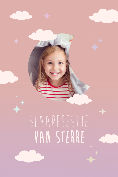 Slaapfeestje uitnodiging met maan, sterren, eigen foto en foliedruk