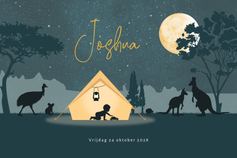 Australië geboortekaartje jongen kamperen in tent met kangoeroe