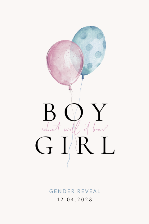 Gender reveal uitnodiging met aquarel ballonnen