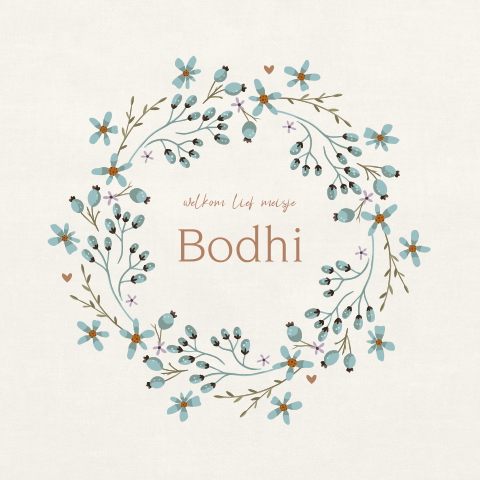 Geboortekaartje met blauwe bloemenkrans