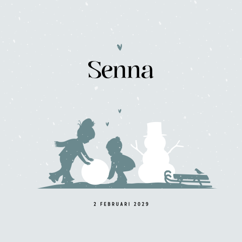 Unisex winter geboortekaartje met silhouetten en sneeuwpop met sneeuw