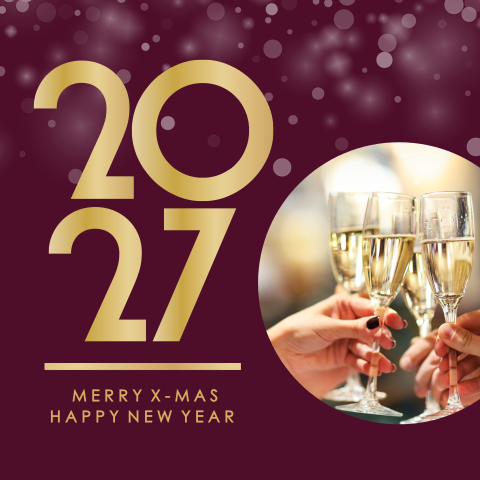 Hippe zakelijke kerstkaart met champagneglazen en jaartal