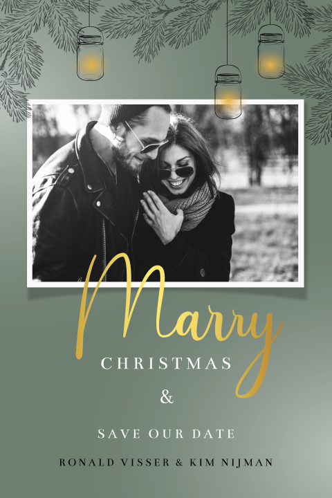 Hippe Save the Date kerstkaart met foto en lampion