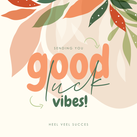 Good luck vibes wenskaart met vrolijke kleuren en bladeren