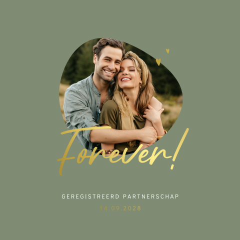 Hippe forever geregistreerd partnerschap kaart met goudfolie en foto