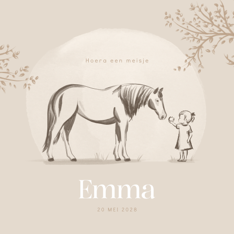 Tekening geboortekaartje meisje met paard