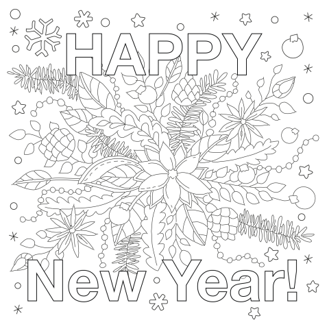Happy new year kerstkaart zelf inkleuren
