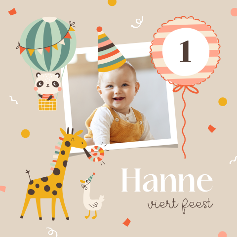 Kinderfeest 1 jaar uitnodiging met dieren en ballonnen