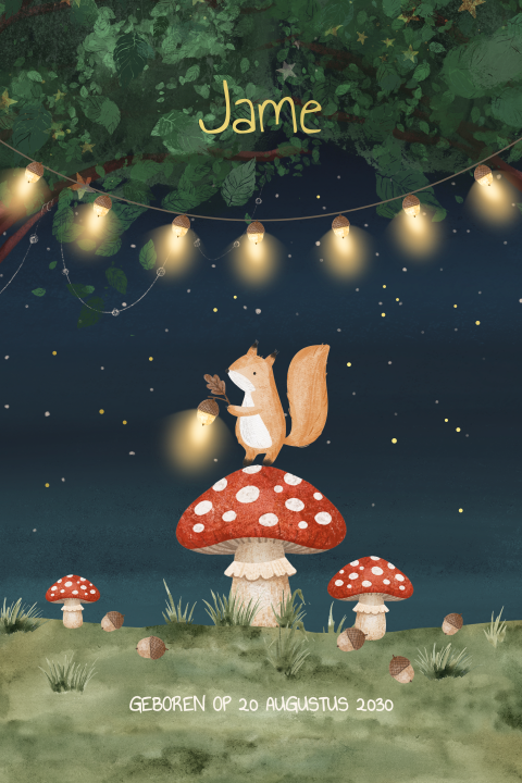 Illustratief geboortekaartje voor een jongen met eekhoorn in het bos