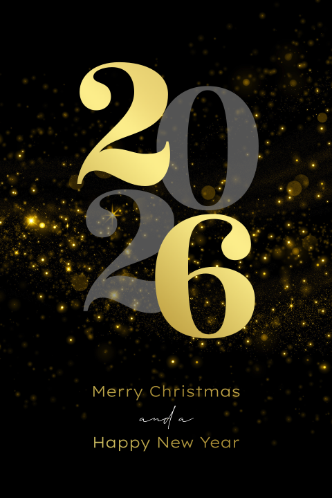 Sprankelende zakelijke kerstkaart met 2026 in goudfolie en glitters