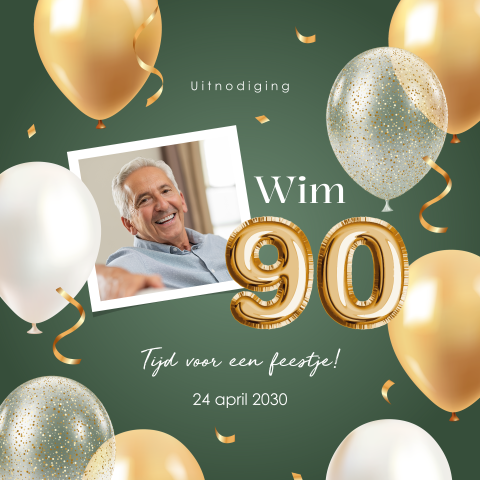 Stijlvolle uitnodiging 90 jaar verjaardag met ballon, foto en confetti