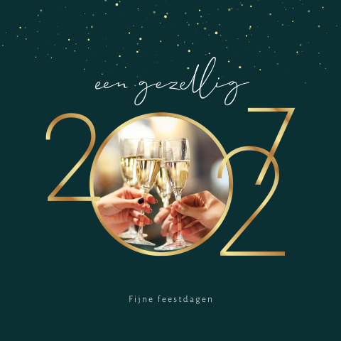 Proosten champagne kerstkaart zakelijk met foto en gouden jaartal 2027