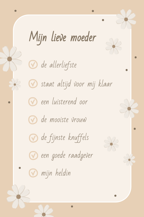 Moederdag wenskaart met checklist en bloemen