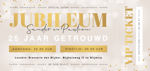 Ticket uitnodigingskaart 25 jaar getrouwd met goudlook en glitters