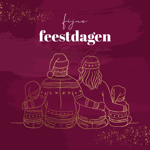 Kerstkaart lijntekening gezin met kinderen en foliedruk