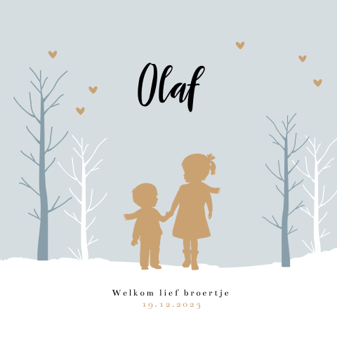 Winter silhouet kaartje broertje met grote zus in de sneeuw