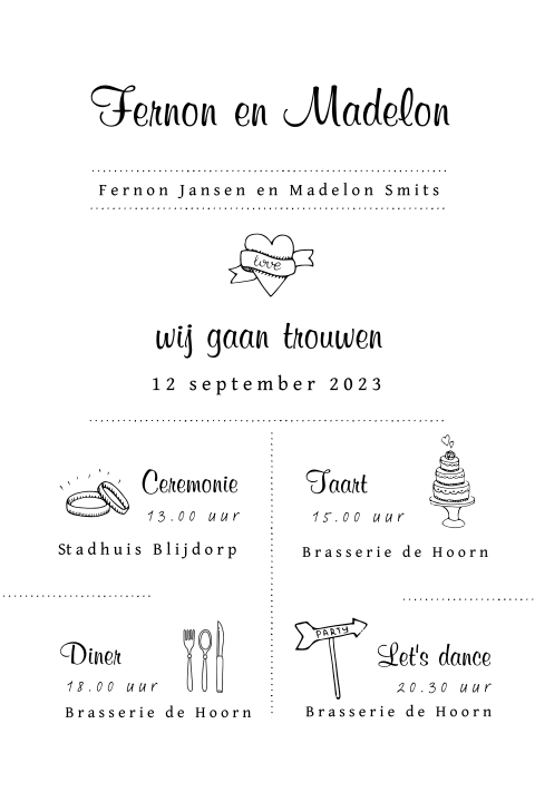 Zwart-wit trouwkaart met typografie en symbolen