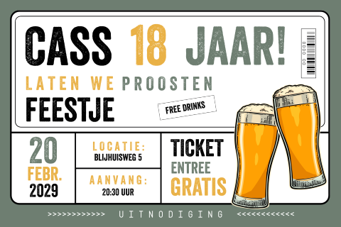 Ticket uitnodiging verjaardag 18 jaar met bierglazen voor een man