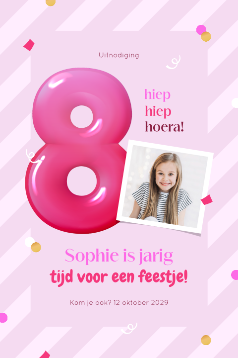 Kinderfeestje uitnodiging voor een meisje met confetti, strepen en cijferballon
