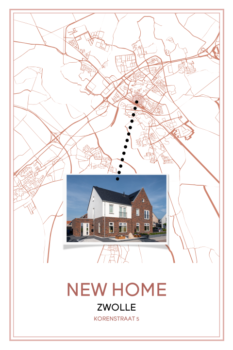 Hippe verhuiskaart met plattegrond van Zwolle en eigen foto