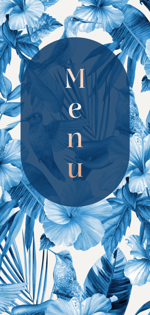 Menukaart Delfts blauw met kolibrie, bloemen en foliedruk