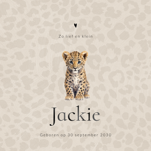 Unisex geboortekaartje in panterprint met een welpje en hoogglans