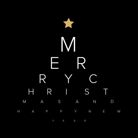 Zakelijke kerstkaart opticien met oogtest in vorm van kerstboom
