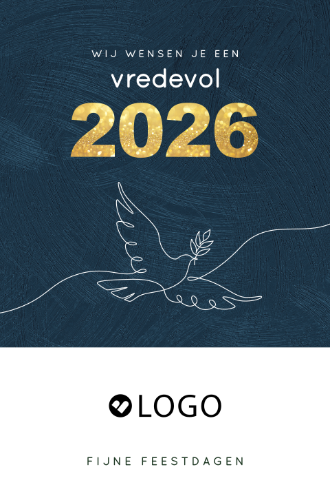 Vredevol 2026 kerstkaart zakelijk met vredesduif en logo