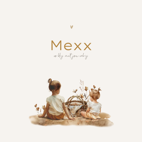 Geboortekaartje unisex met zusjes en getekende mand met veldbloemen