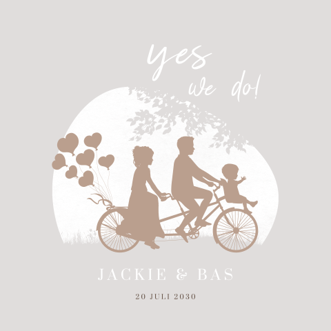 Trendy silhouet trouwkaart papa en mama op fiets met kind en ballonnen