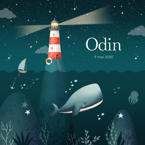 Stoer geboortekaartje voor een jongen met walvis, vuurtoren en zee