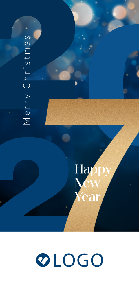 Stijlvolle zakelijke kerstkaart met jaartal, sparkles en logo