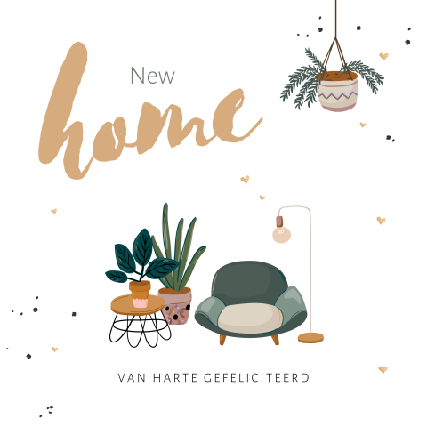 Felicitatie nieuwe woning met illustraties van meubels en planten