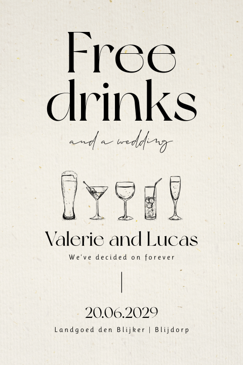 Free drinks and a wedding trouwkaart met illustraties